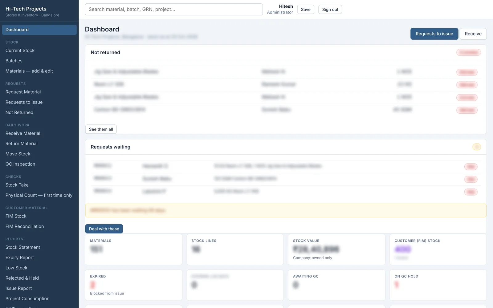 Dashboard: overdue returns, waiting requests, stock value and QC holds